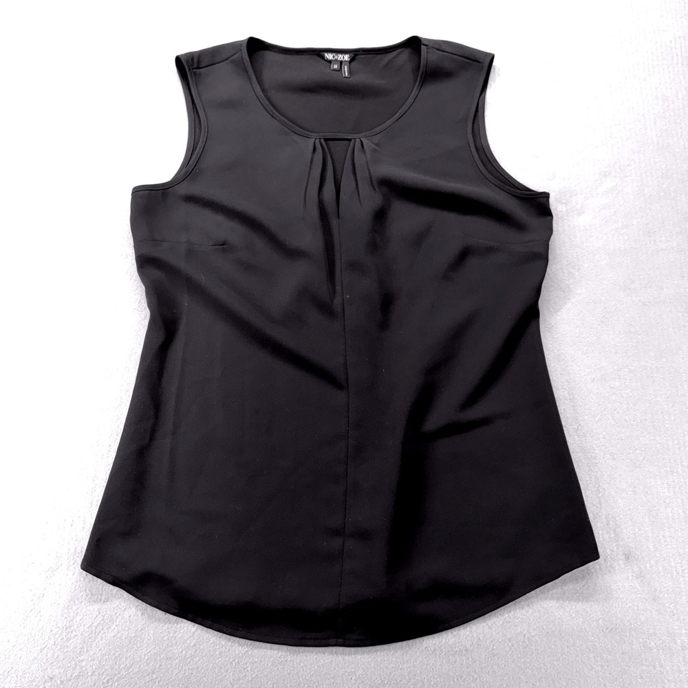 NIC+ZOE Sleeveless Shell Top Womens Medium Navy Blue Pleated Keyhole Neck